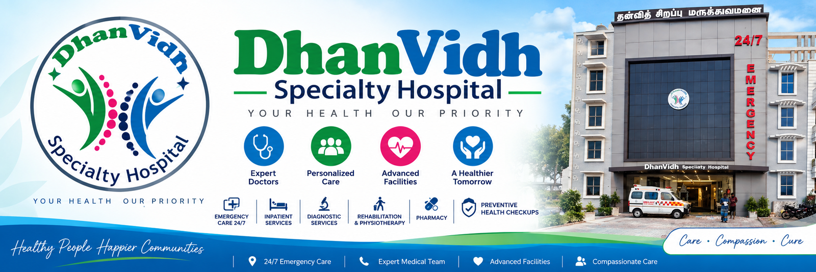 DhanVidh Specialty Hospital — Your health, our priority. Hospital building, expert doctors, personalized care and advanced facilities.